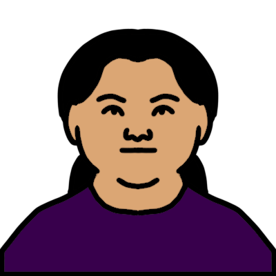 a head and shoulders portrait of a person with down syndrome with light skin and a black ponytail. they are wearing a purple t-shirt.